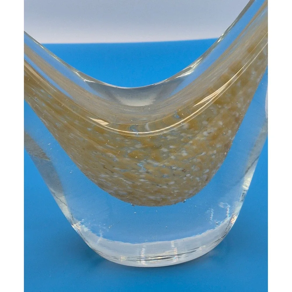Vintage Heart Art Glass Vase Amber Gold Swirl Hand Blown Heavy Centerpiece Decor